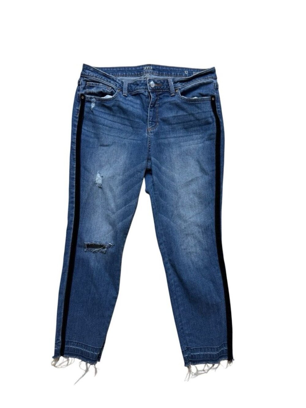 a.n.a Skinny Ankle Jeans Size 12 Distressed Raw Hem Stripe Denim